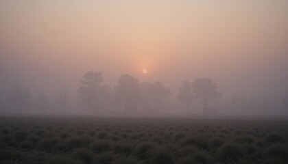 Fototapeta premium Misty dawn sunrise over fields serene landscape nature photography tranquil environment soft light peaceful atmosphere