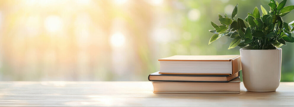 serene desk setup with stacked books and potted plant, bathed in warm sunlight