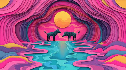 A surrealistic landscape with two black horses standing in a pink and purple canyon, with a yellow sun in the background.