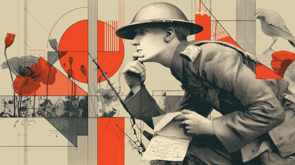 Soldier from World War I wearing Brodie helmet and holding letter, vintage engraving style 