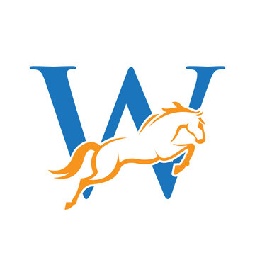 Initial Letter W Horse Logo Design Concept With Jumping Horse Symbol Vector Template