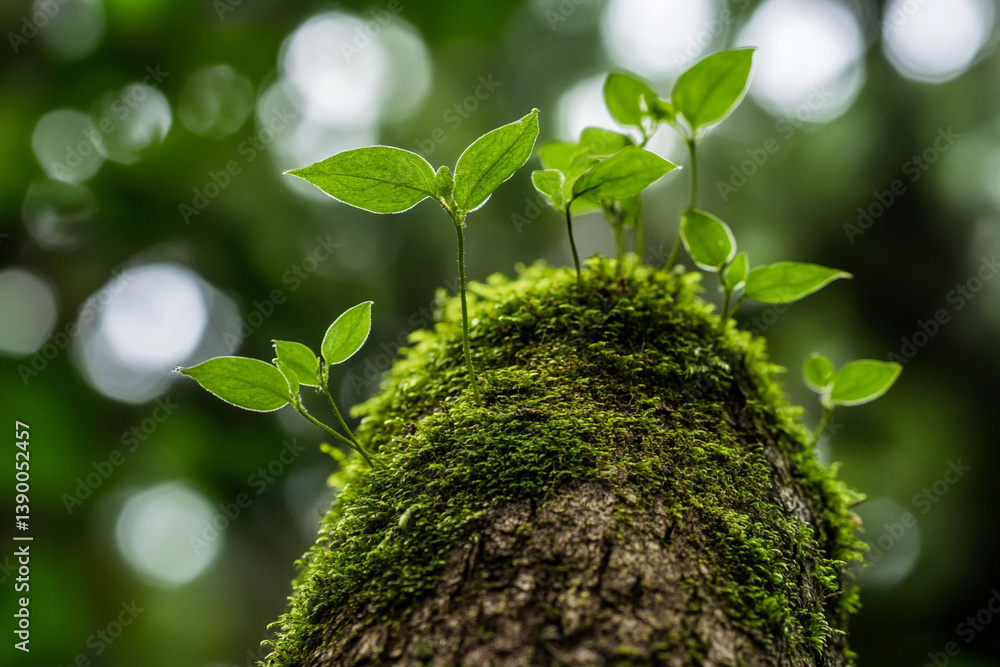 Poster macro view of lush green moss thriving on a tree trunk in a vibrant forest environment