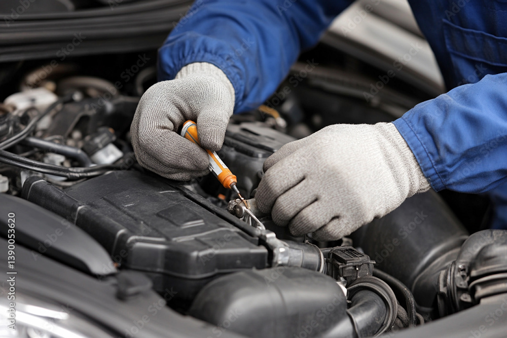 Poster mechanic working diligently on a car engine with tools in a busy garage environment during daylight 