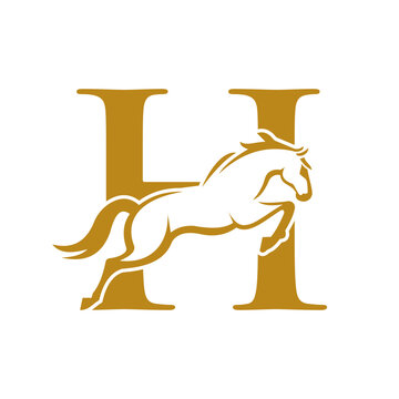 Initial Letter H Horse Logo Design Concept With Jumping Horse Symbol Vector Template