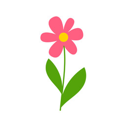 Cute minimalist flower in flat design style. A pink flower with a yellow center, a green stem, and two leaves on a white background. Doodle style PNG illustration on transparent background