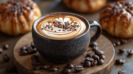 Artful Coffee with Creamy Swirl and Chocolate on Wooden Surface Surrounded by Pastry and Coffee Beans
