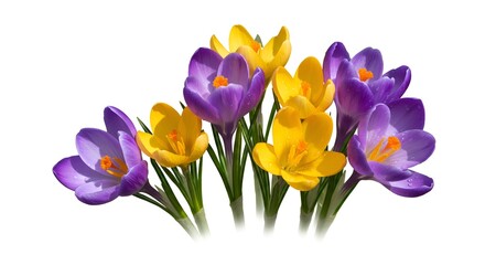 Obraz premium Purple and yellow crocuses bloom, isolated against a white background.