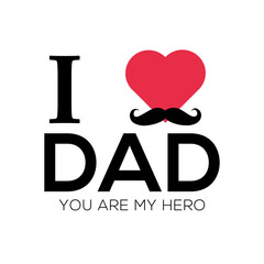 clean happy father's day design with red heart, mustache and i love dad message on white background to celebrate fatherhood and love.