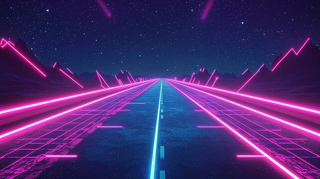 Glowing digital road of neon blue and magenta energy lines cutting through cosmic cyberspace, surrounded by floating binary code and star clusters. Abstract representation of hyper-speed data flow wit