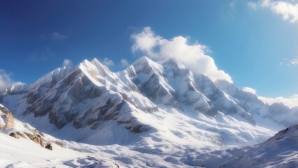 "Mount Everest Day: Breathtaking View from Base Camp with Snowy Peaks, Clear Blue Sky, and Colorful Prayer Flags"