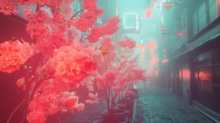 A vibrant alleyway with pink trees and glowing neon signs