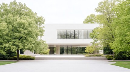 Fototapeta premium Modern architectural facade with lush landscaping. A minimalist, light-colored building, situated on a large property, features a wide entrance and large windows.