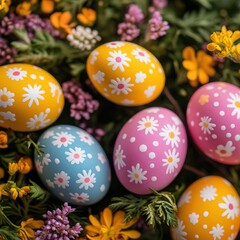 Obraz premium Brightly colored Easter eggs nestled among vibrant flowers create a cheerful spring display.