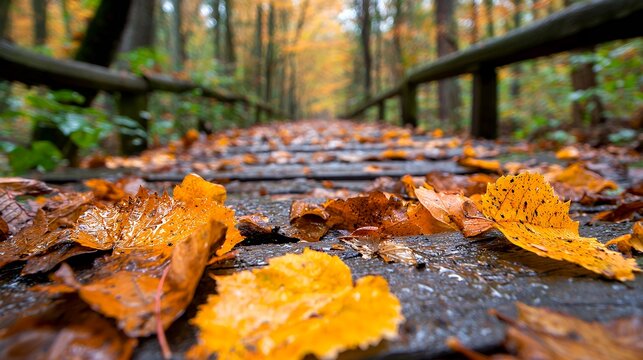 Autumn leaves on a wooden forest path