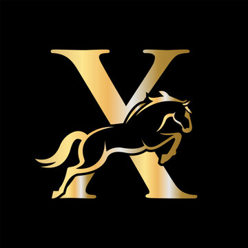 Initial Letter X Horse Logo Design Concept With Jumping Horse Symbol Vector Template