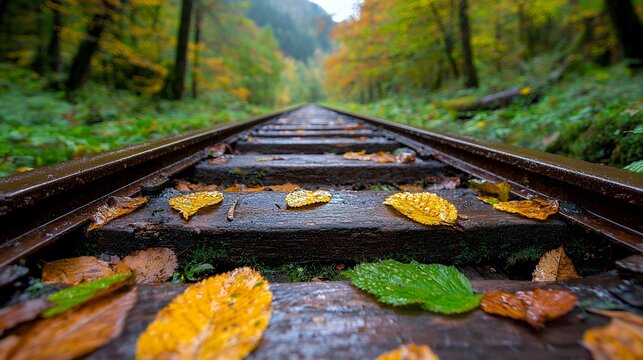Autumn leaves on wet railway tracks