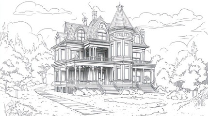 Elegant Victorian House Drawing;  Outdoor Scene; Sketch; Architectural Design; Illustration for Background; Ideal for Design Resources
