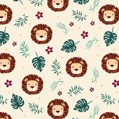Seamless childish pattern with little lion, king of jungle. Cute vector texture for kids bedding, fabric, wallpaper, wrapping paper, textile, t-shirt print