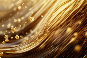Abstract close-up of flowing, shiny golden hair strands with floating golden serum molecules oil droplets.