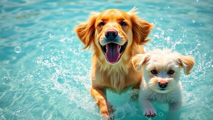 Happy golden retriever dog bathing in pool with a white little dog, AI