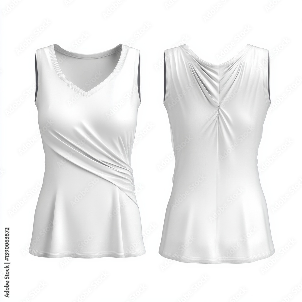 Poster sleeveless white top design showcasing elegant draping details from front and back views, perfect fo
