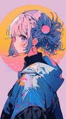 Pastel Dreams: A Digital Art Anime Girl with Two-Toned Hair and Stylish Jacket