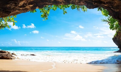 Tranquil beach view from a cave showcasing blue ocean and clear sky during a sunny day