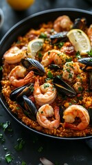 A Delicious And Vibrant Dish Of Seafood Paella Presented Nicely