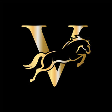 Initial Letter V Horse Logo Design Concept With Jumping Horse Symbol Vector Template