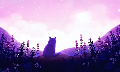Cat silhouette watches sunset over a blooming meadow filled with flowers and soft purple hues