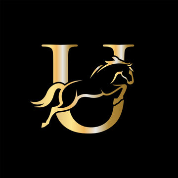 Initial Letter U Horse Logo Design Concept With Jumping Horse Symbol Vector Template