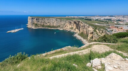 Naklejka premium Coastal cliffs meet the azure sea. A scenic view of a Mediterranean bay