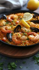 A delicious platter of cooked seafood paella with fresh garnishes