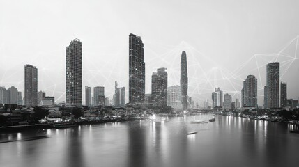 Fototapeta premium City skyline digital network, urban landscape, tranquil river. Possible use Stock photo for presentations, websites, or prints