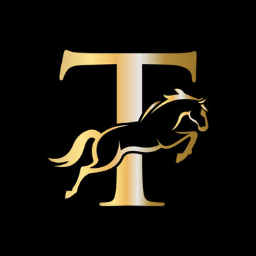 Initial Letter T Horse Logo Design Concept With Jumping Horse Symbol Vector Template