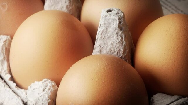 Open egg box with fresh eggs extreme close up stock footage