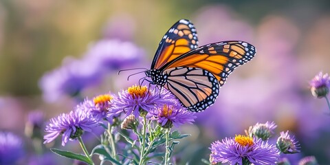 Obraz premium Vibrant Monarch Butterfly on Purple Flowers in Natural Habitat