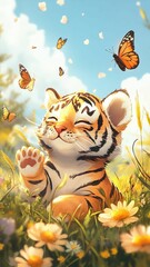 Fototapeta premium Chibi Animal Cartoon Playful tiger cub enjoying nature and butterflies.