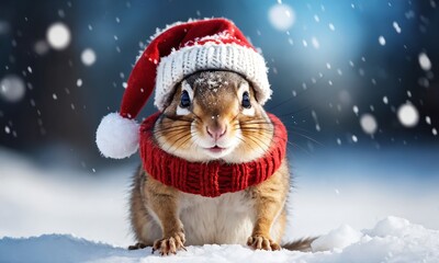 Cute squirrel in festive hat and scarf enjoying a snowy winter scene during the holiday season