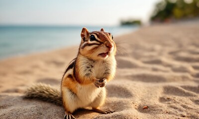 Chipmunk stands on sandy beach near ocean during sunset with soft waves in the background