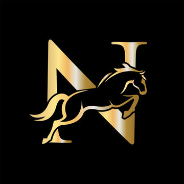Initial Letter N Horse Logo Design Concept With Jumping Horse Symbol Vector Template