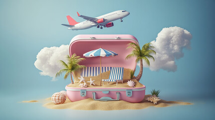 Airplane flying above pink suitcase with beach scene inside on a light blue background scene