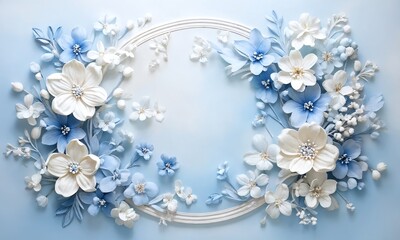 Colorful floral arrangement in shades of blue and white on a soft blue background with decorative elements