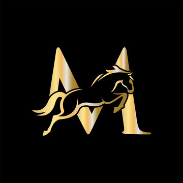 Initial Letter M Horse Logo Design Concept With Jumping Horse Symbol Vector Template