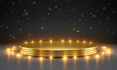 Golden platform illuminated by sparkling lights in a darkened venue during an elegant event celebration