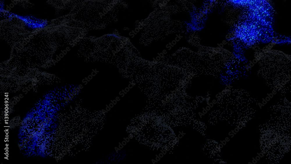 Poster 3d abstract blue sci-fi background. luminous particles form wavy surface, waves of light and color r