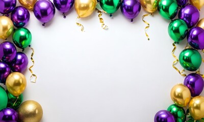 Colorful balloons create a festive border for a celebration in vibrant hues of purple, green, gold, and metallics perfect for a party
