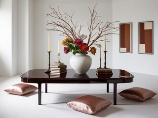 architecture white room with oriental style and pink gold pillow