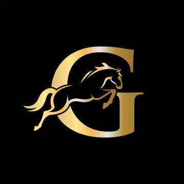 Initial Letter G Horse Logo Design Concept With Jumping Horse Symbol Vector Template