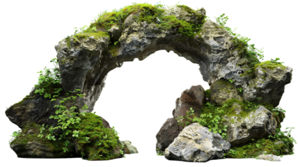 Natural rock arch in the forest Stone arch with moss isolated on transparent background. 